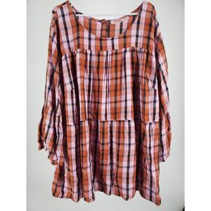 EVRI Summer Check Plaid 3/4 Sleeve Tiered Blouse Top Size 3X Loose Fit Colorful